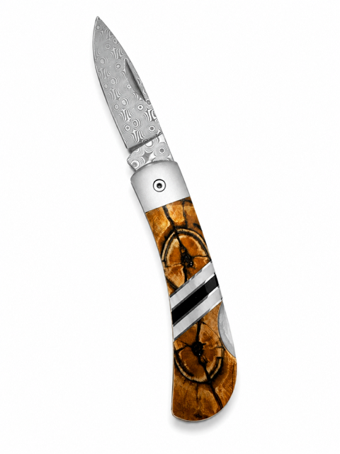 Damascus and Mammoth Tusk Lock Back Brown Knife