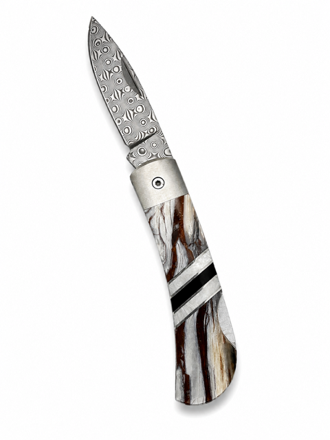 Damascus and Mammoth Tusk Lock Back Brown and White Knife