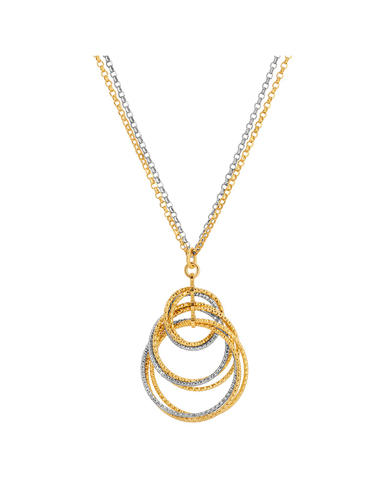 Gold and silver necklace with interlocking rings on a white background