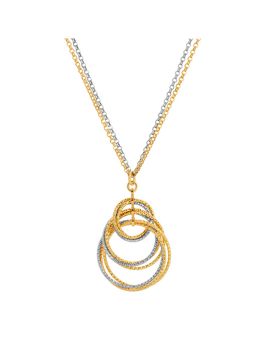 Gold and silver necklace with interlocking rings on a white background