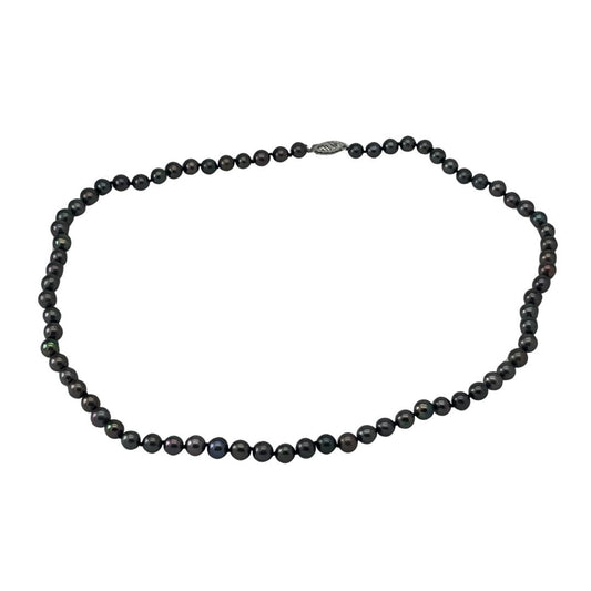 Black beaded necklace on a white background