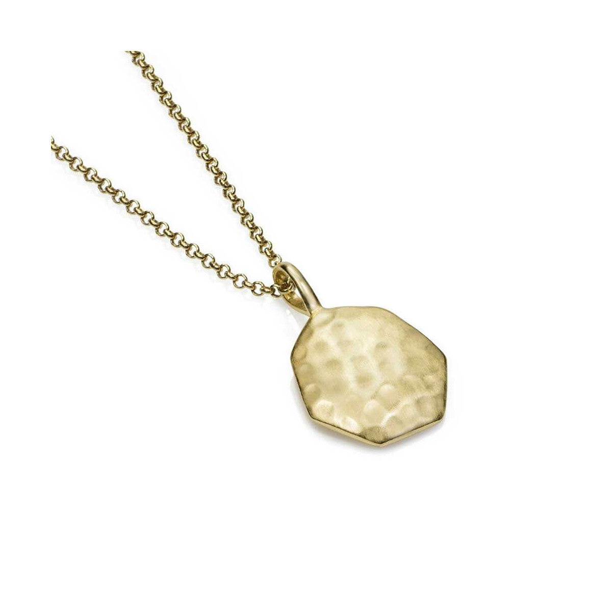 Gold necklace with a hexagonal pendant on a white background