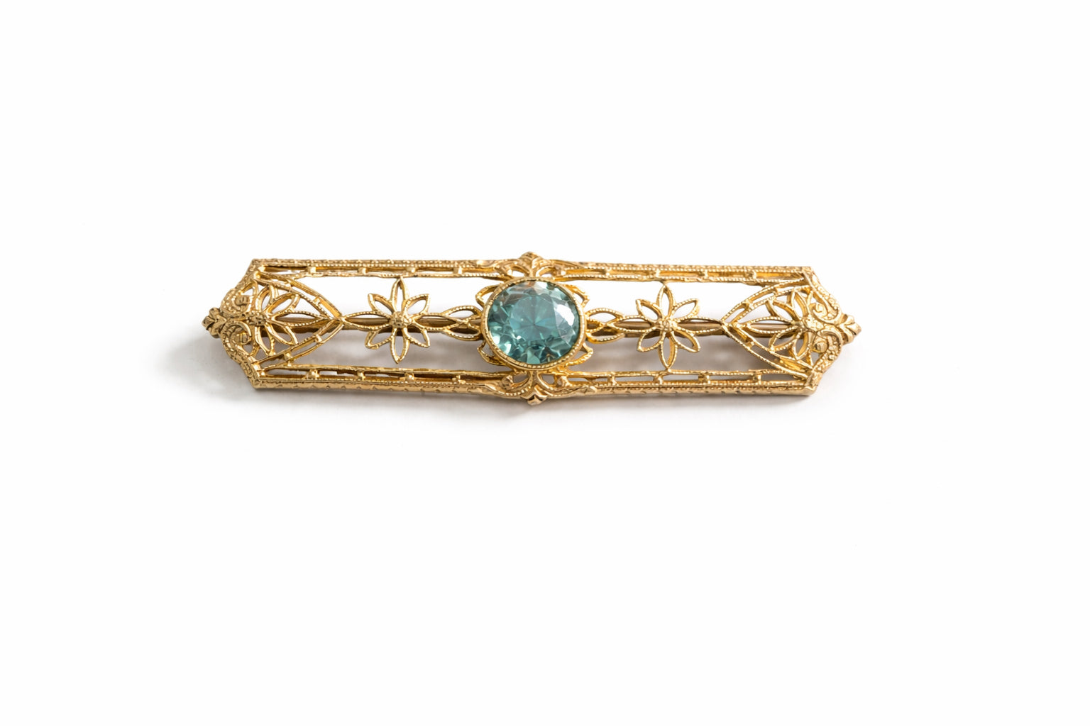Estate 10k Yellow Gold Filigree Pin with Blue Stone-