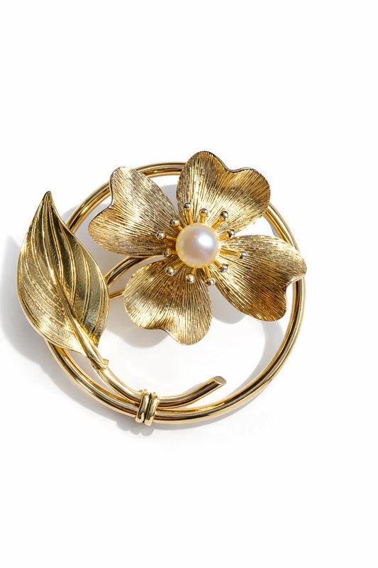 14k Yellow Gold Pearl Flower Pin
