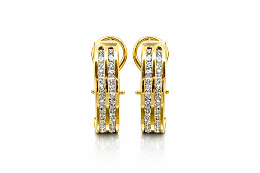 Gold hoop earrings with embedded diamonds on a white background