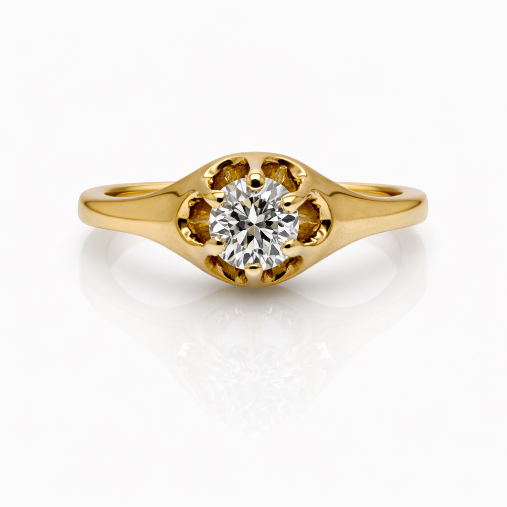 Gold ring with a diamond on a white background