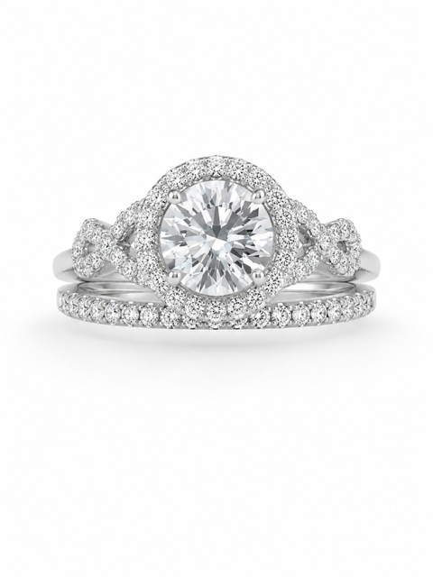 GIA Certified Round Brilliant Diamond Halo Bridal Set in 14K White Gold