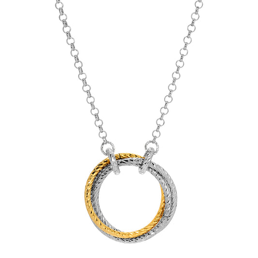Necklace with a double-circle pendant, one gold and one silver, on a white background.