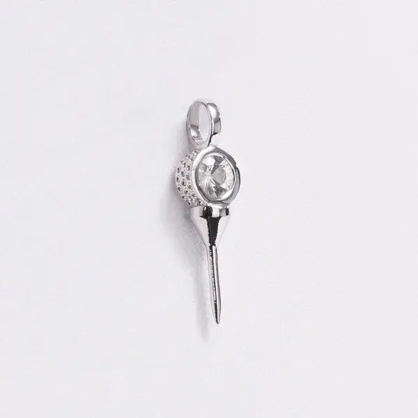 Silver earring with a clear gemstone on a light gray background