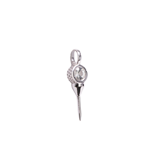 Silver golf pendant with a clear gemstone on a white background