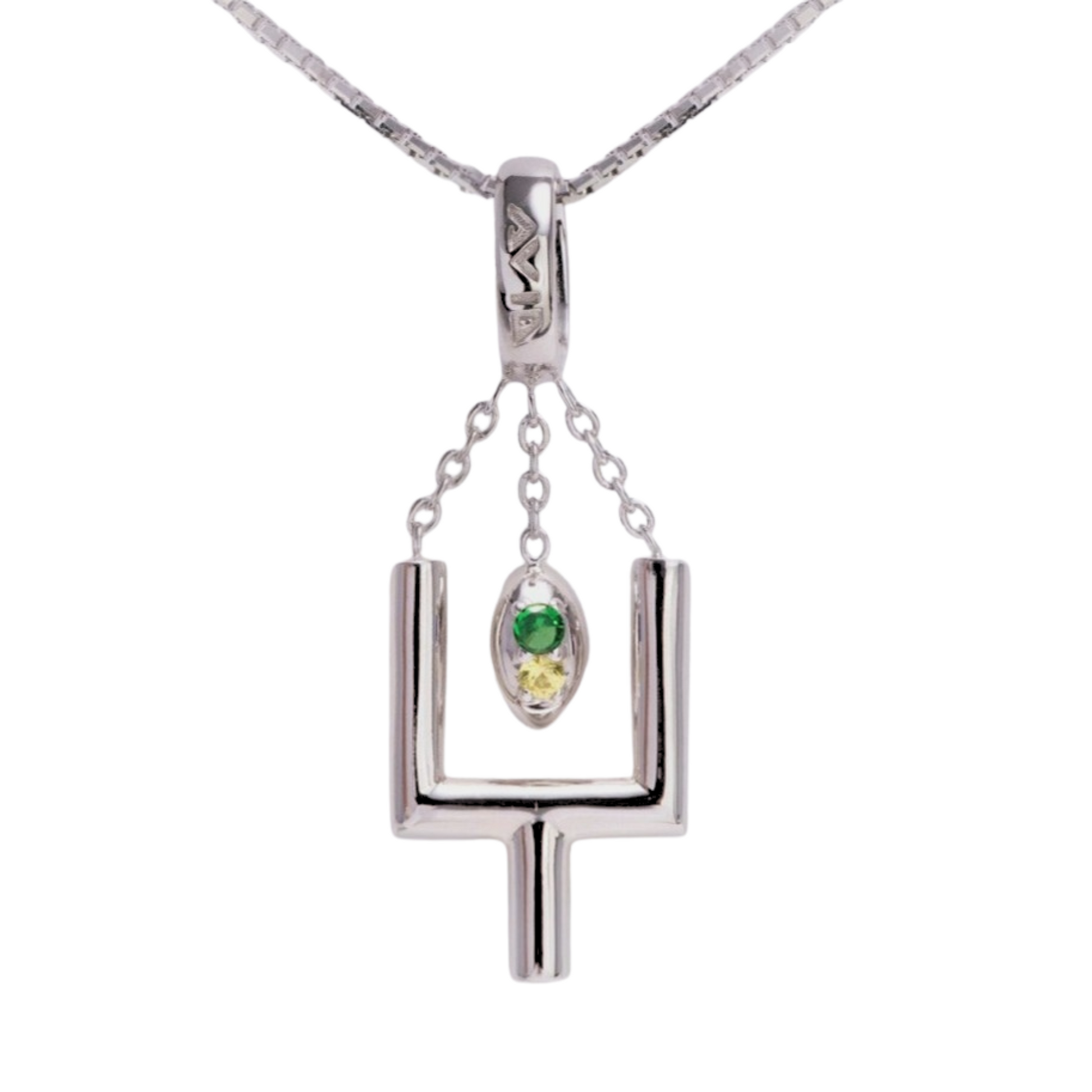 Silver necklace with a pendant featuring green gemstones on a white background