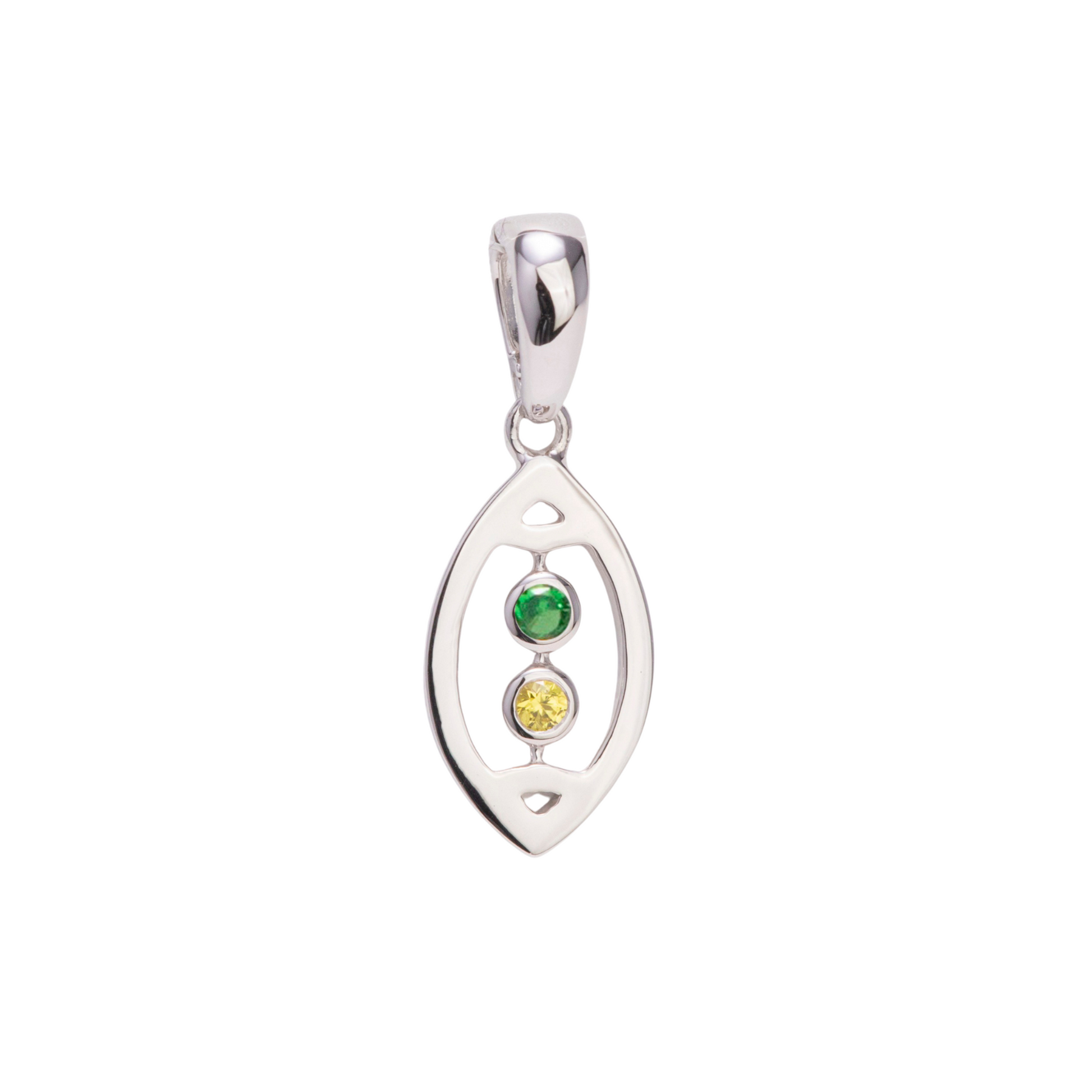 Silver pendant with green and yellow gemstones on a white background
