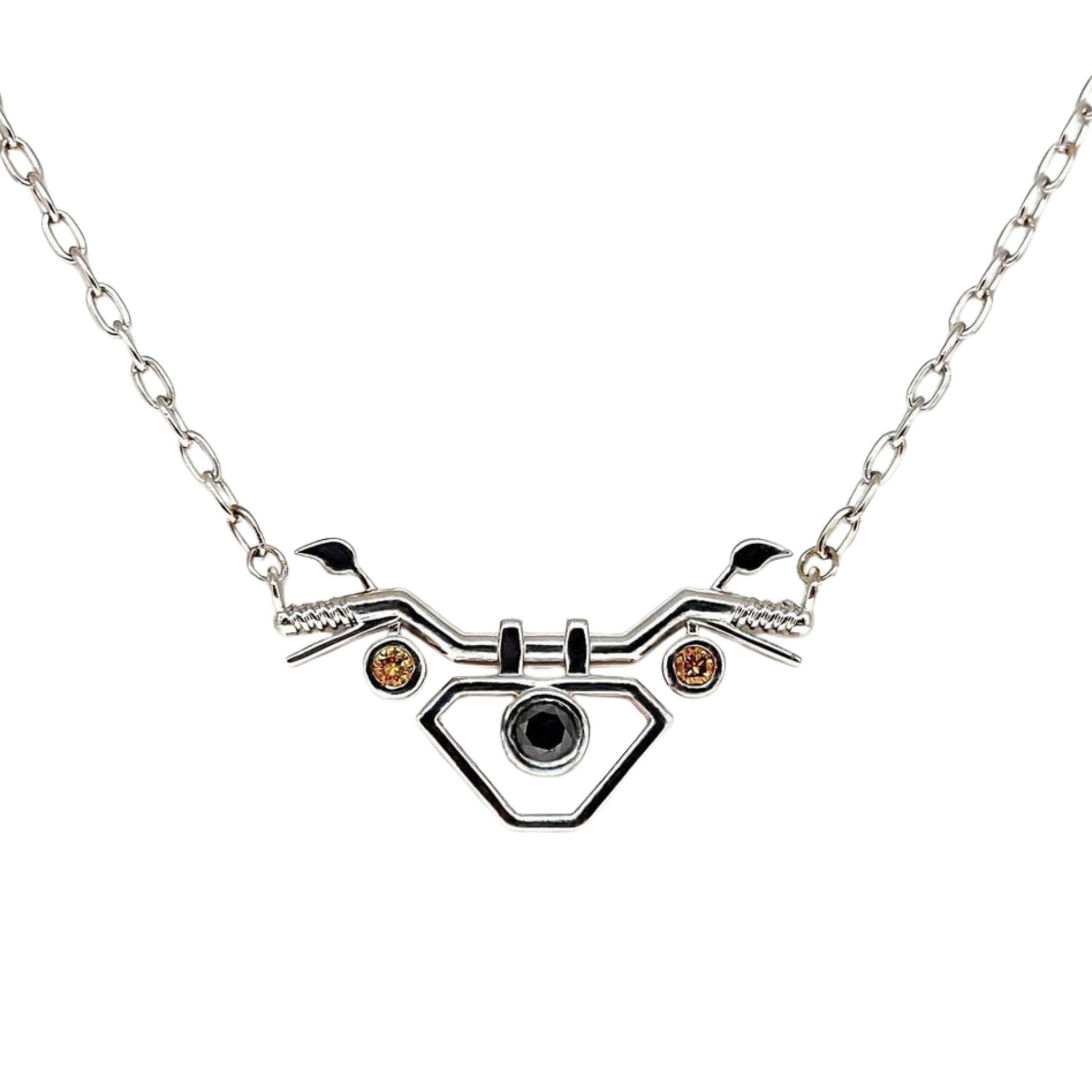 Silver necklace with a unique pendant on a white background