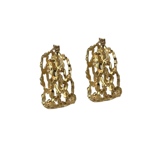 Pair of gold chain-link earrings on a white background