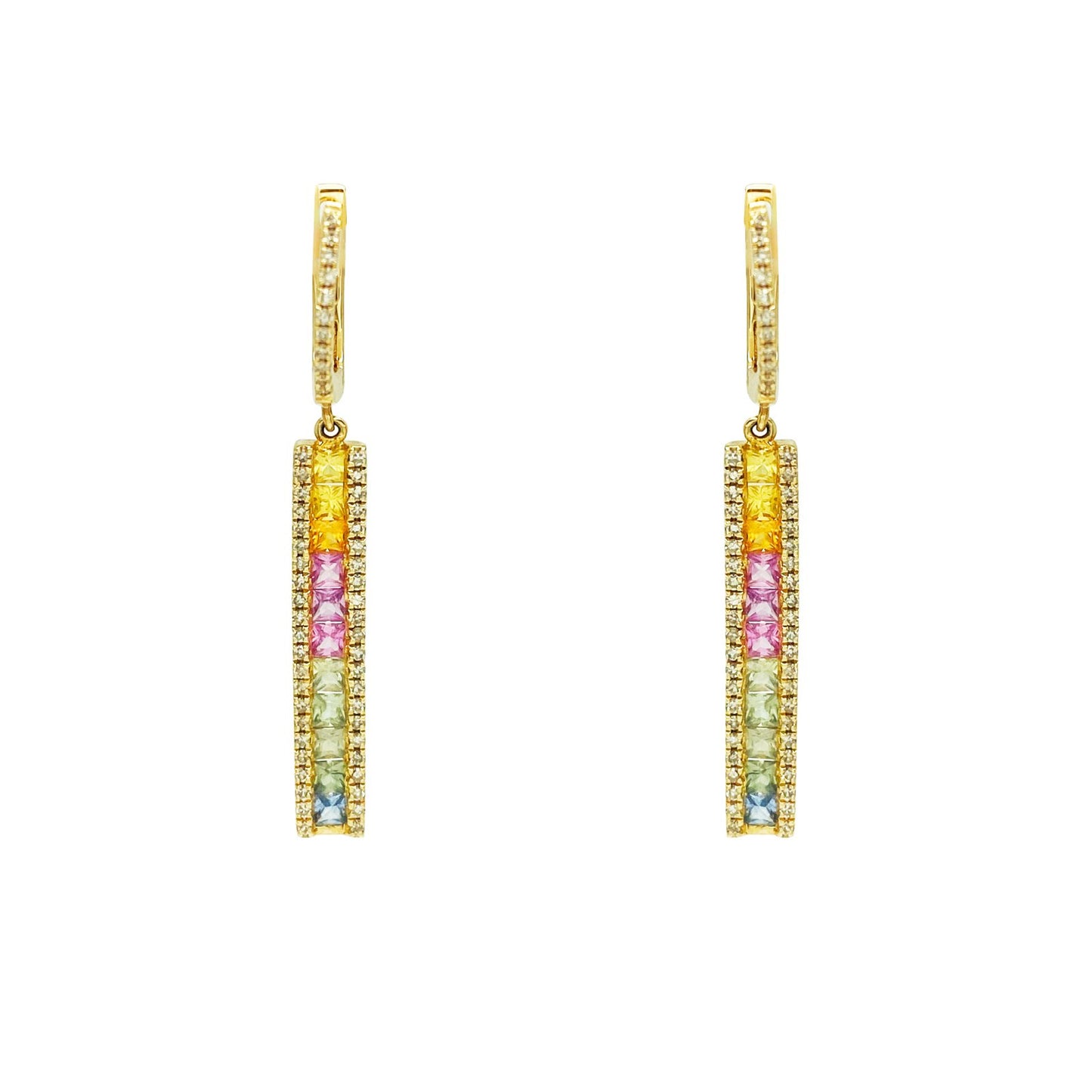 Gold earrings with colorful gemstones on a white background