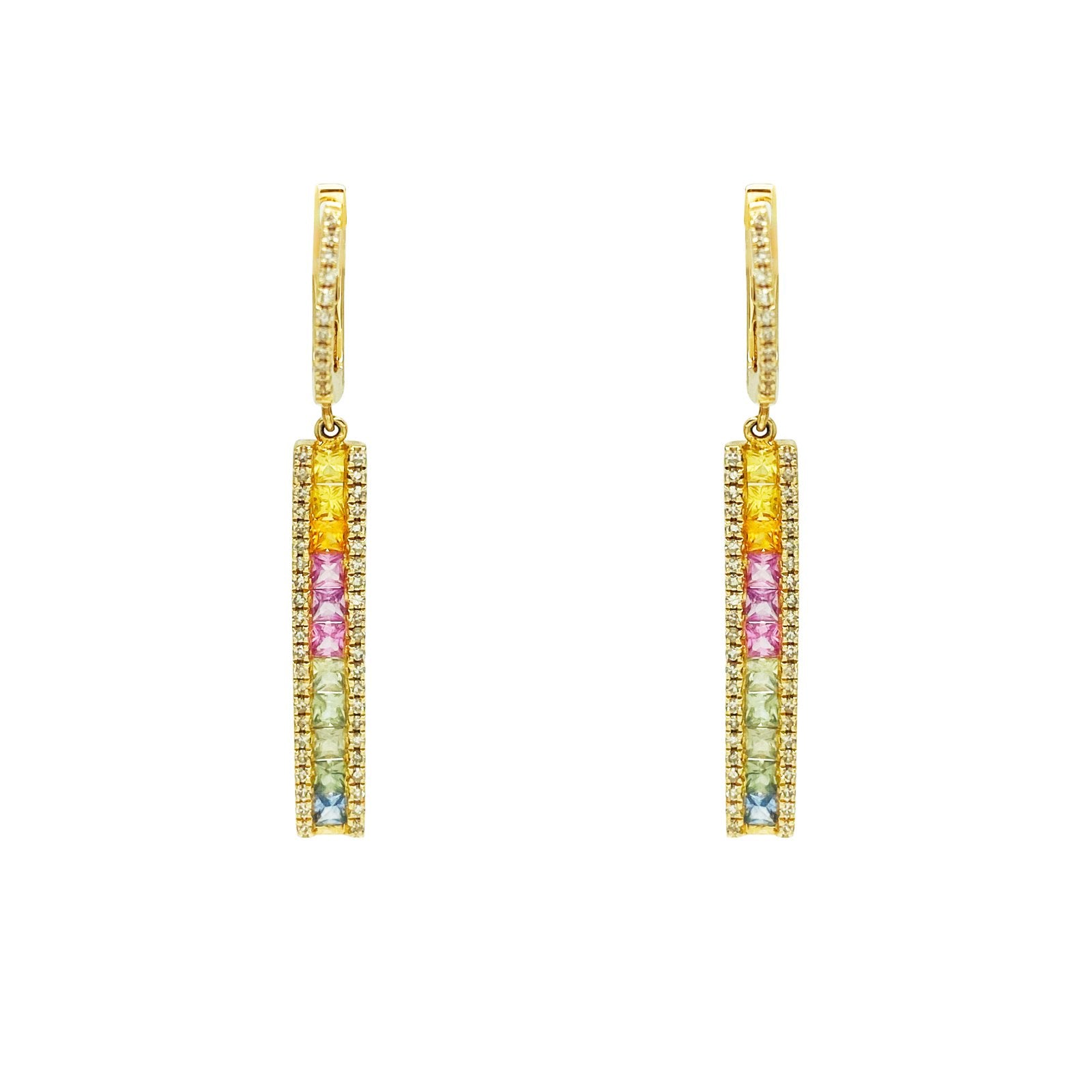 Gold earrings with colorful gemstones on a white background