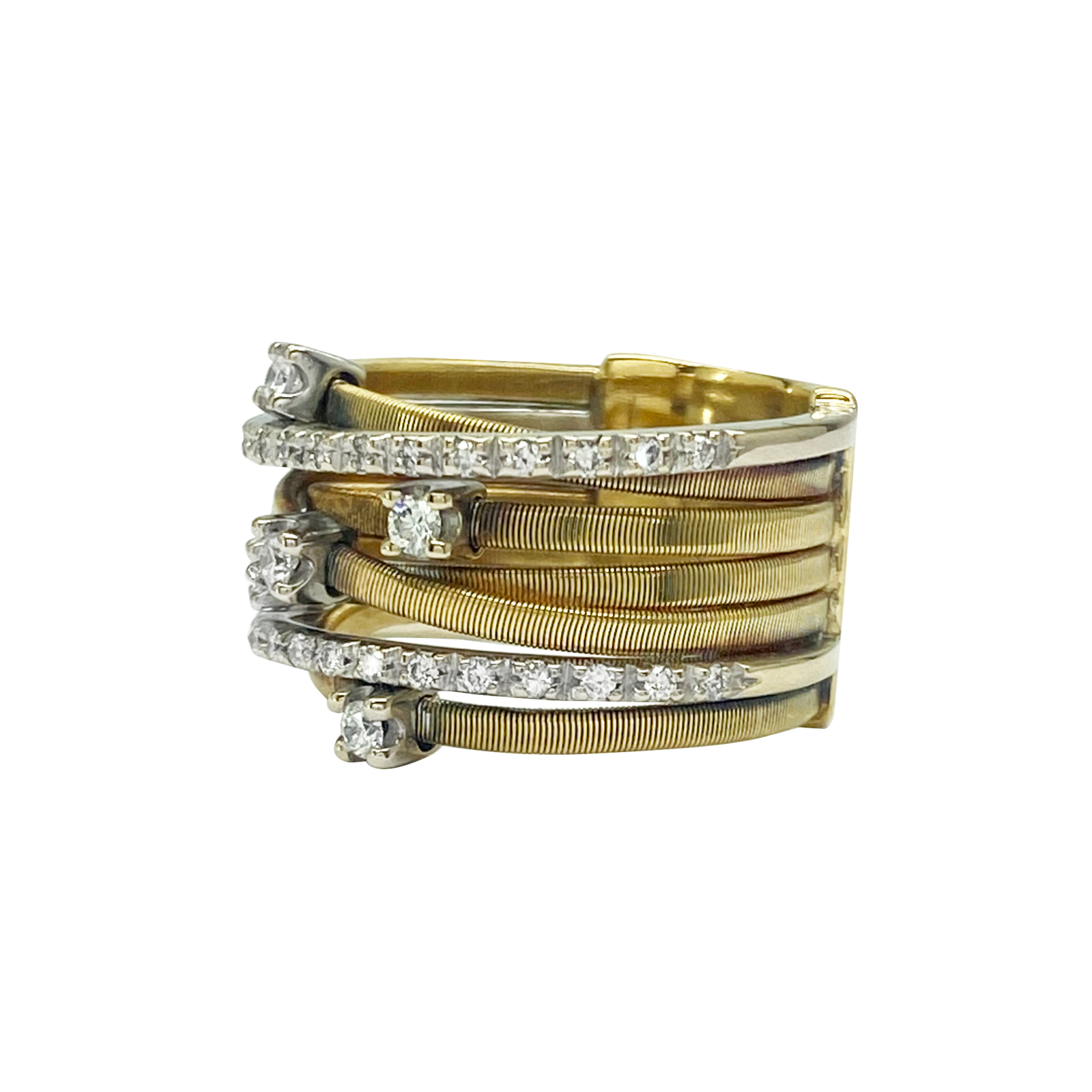 Multi-strand gold and diamond coil ring.