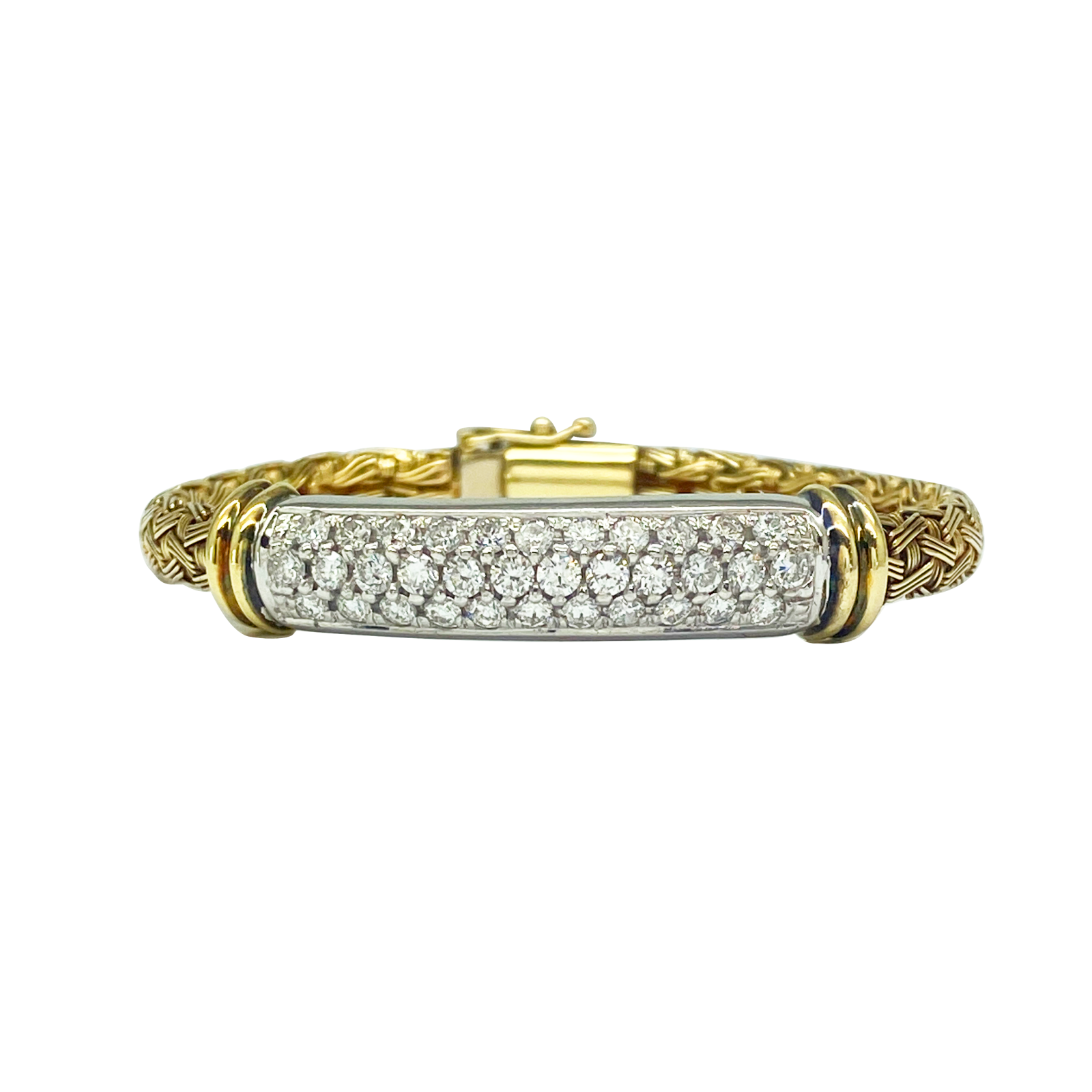 Gold and diamond bracelet with woven design.
