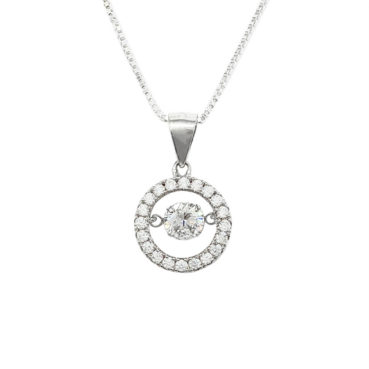 Silver necklace with a circular pendant featuring a central diamond surrounded by smaller diamonds