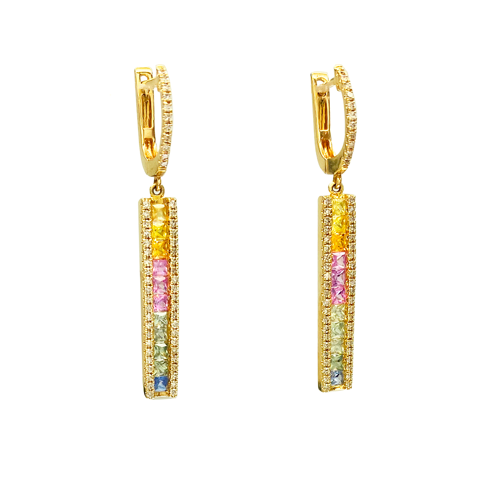 Gold earrings with colorful gemstones on a white background