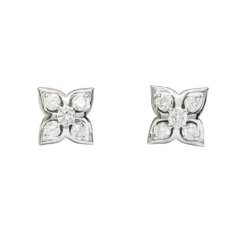 Silver stud earrings with a flower-shaped design featuring multiple diamonds, on a white background.