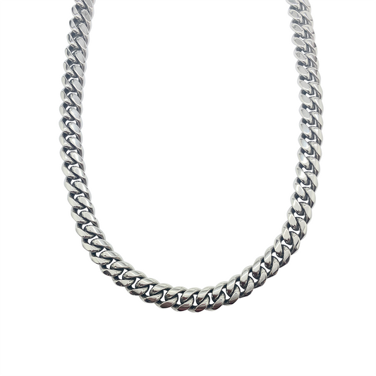 Silver Cuban link chain necklace on a white background.