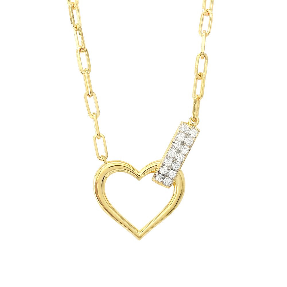 Yellow gold necklace with a heart-shaped pendant and a diamond-studded bar, on a white background.