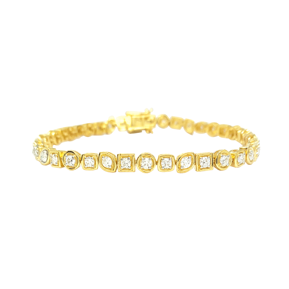 Yellow gold tennis bracelet with round, square, and oval diamonds on a white background.