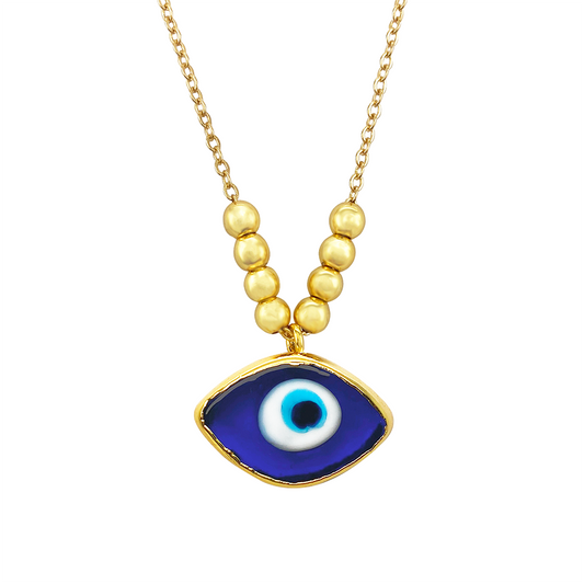 Gold chain necklace featuring a blue evil eye pendant on a white background.