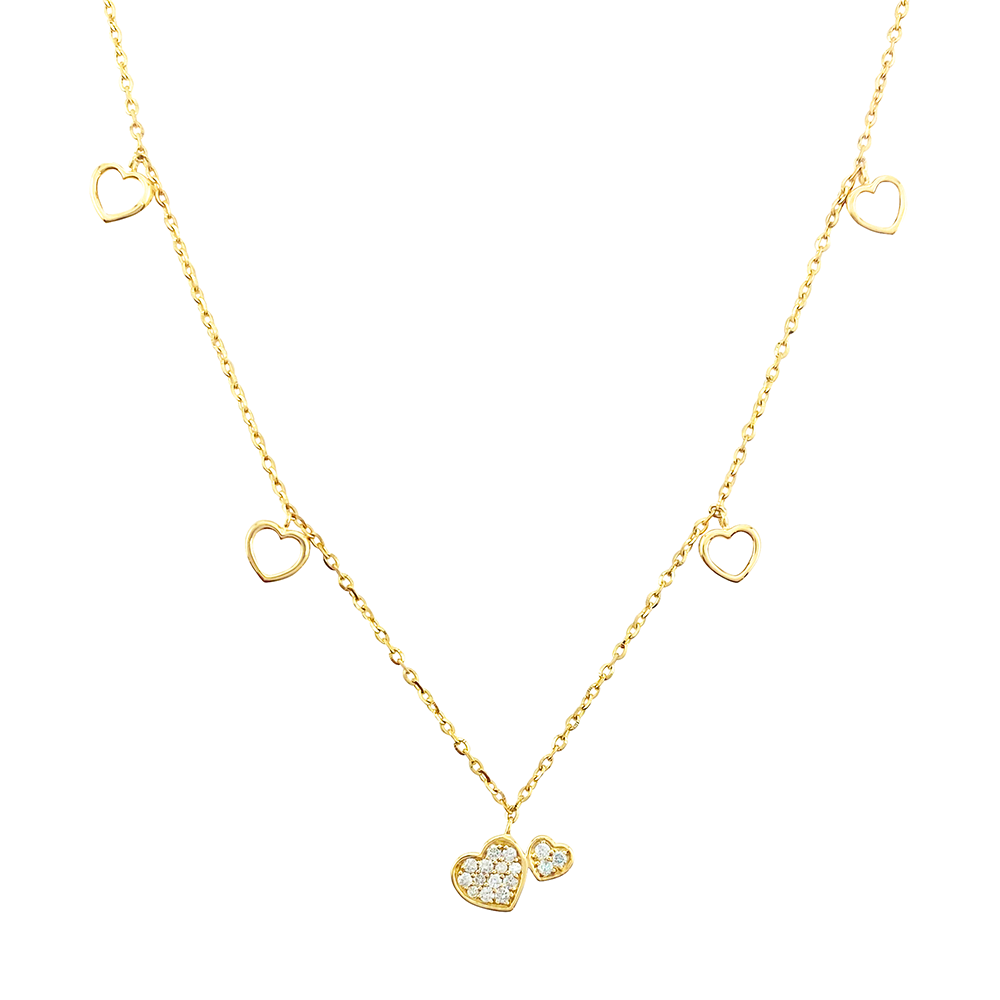 Gold necklace with five heart-shaped pendants, one larger pendant with diamonds and a smaller one next to it, on a white background.