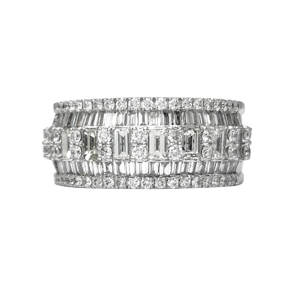 White gold ring with multiple rows of baguette-cut diamonds, alternating with rows of smaller round diamonds, on a white background.