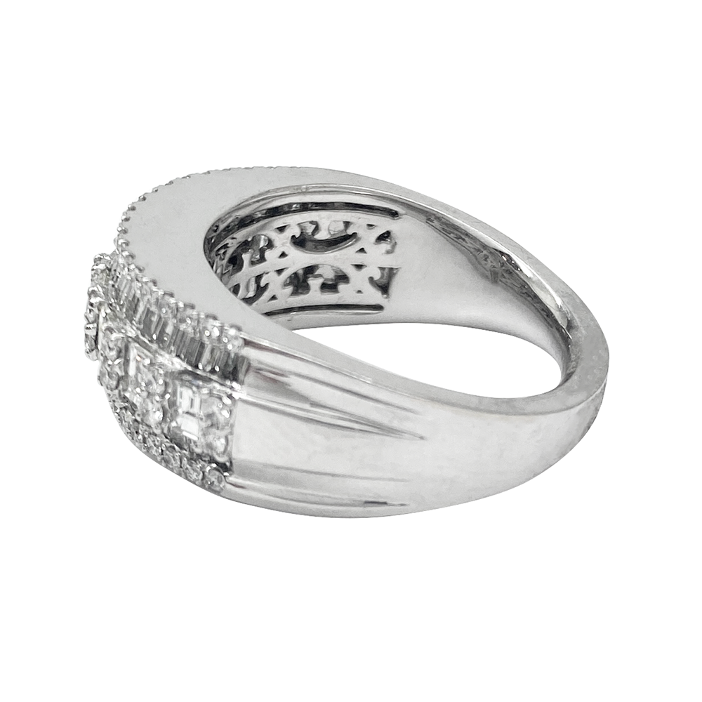 Side view of a white gold ring with multiple rows of baguette-cut diamonds, showcasing the intricate details of the band and diamond setting on a white background.