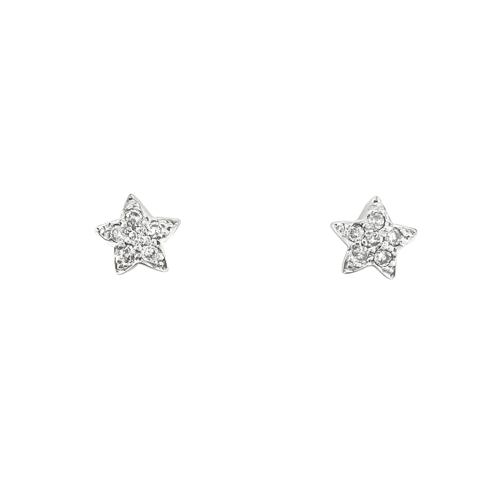 White gold diamond star stud earrings on a white background.