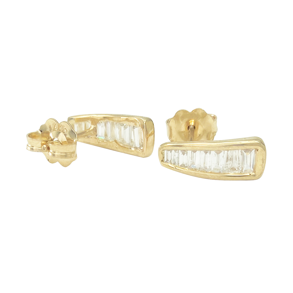 Gold hoop earrings with diamonds on a white background.