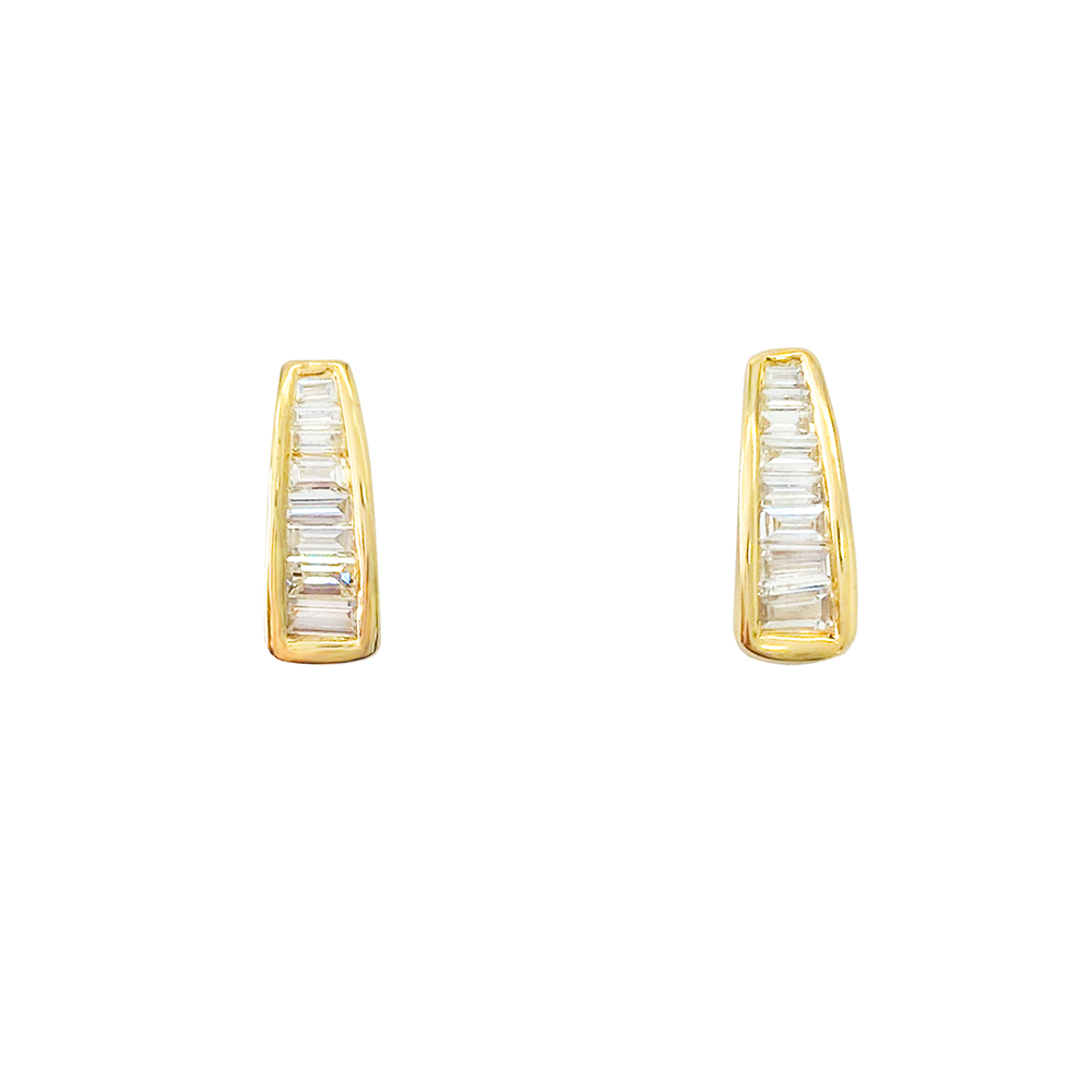 Gold hoop earrings with diamonds on a white background.