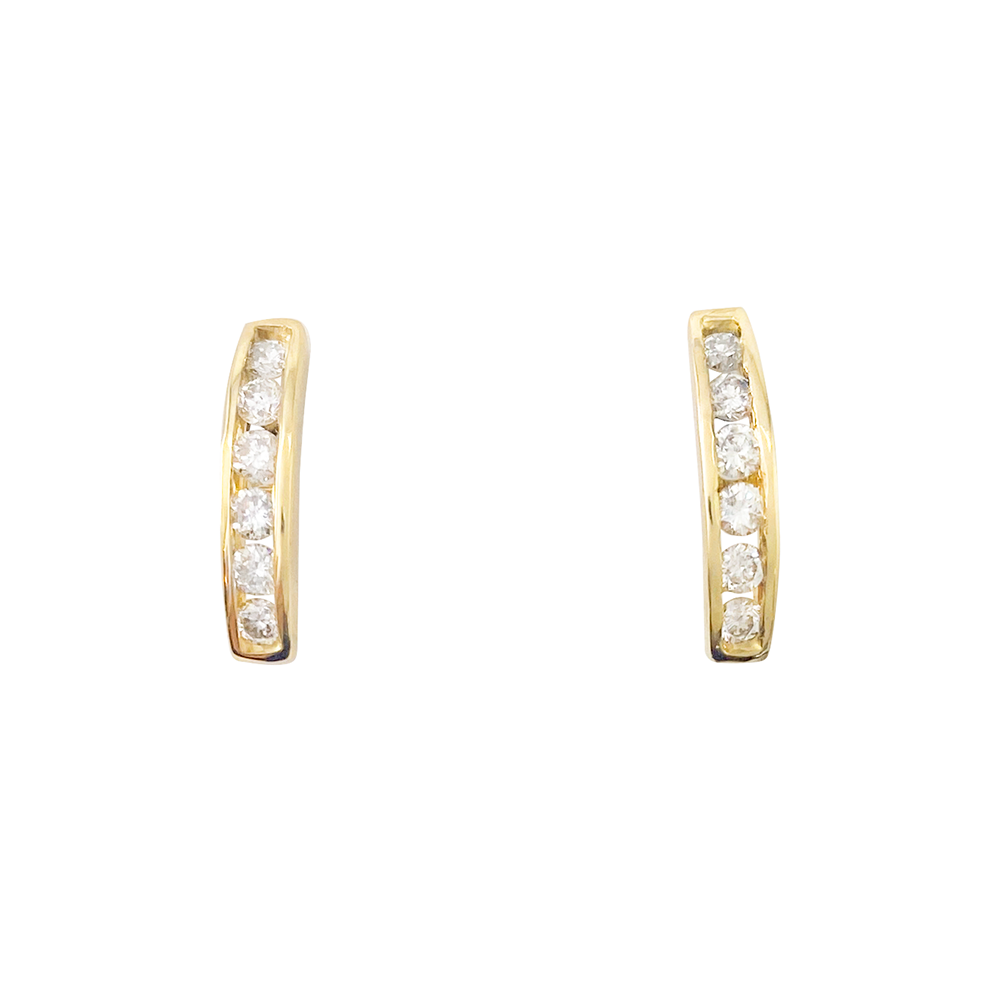 Gold hoop earrings with diamonds on a white background.