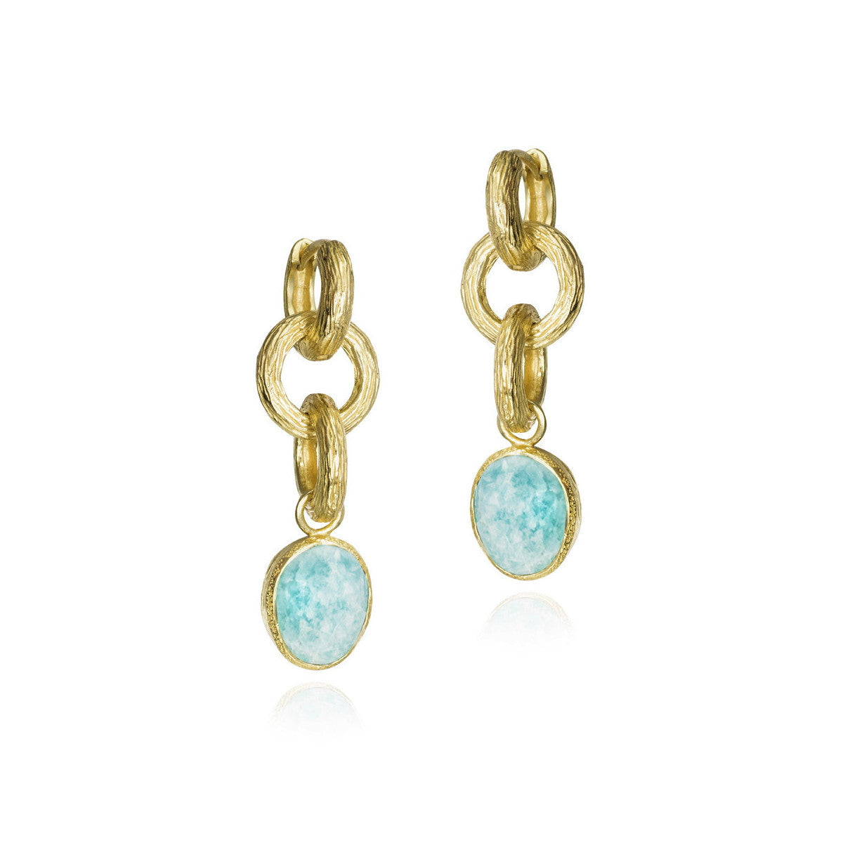 Gold chain earrings with turquoise stones on a white background