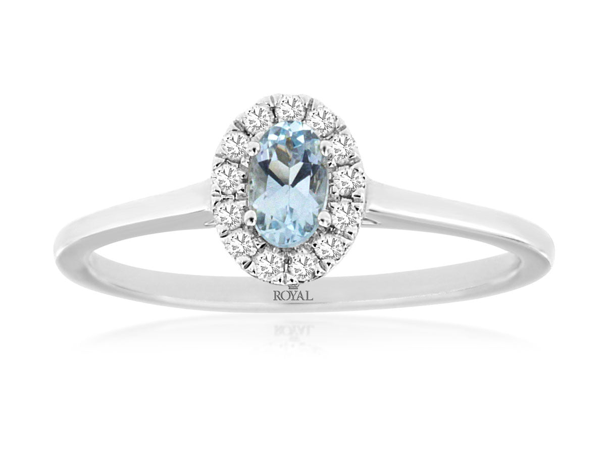 14K White Gold Oval Aquamarine & Natural Diamond Halo Ring