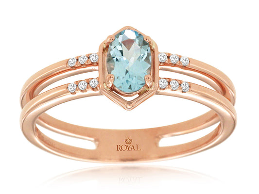 14K Rose Gold Hexagon Aquamarine & Natural Diamond Split Band Ring