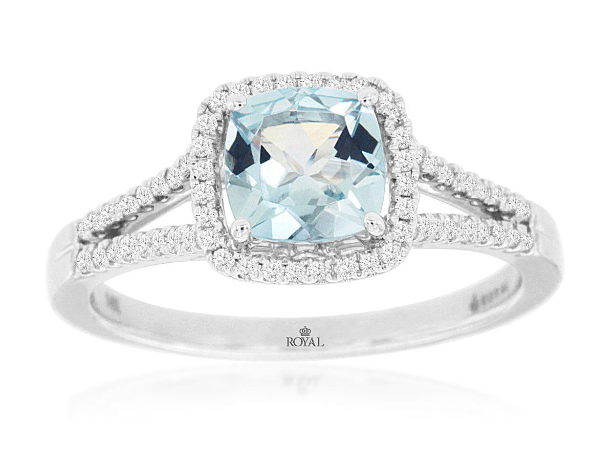 14K White Gold Halo Ring with 0.84ctw Cushion Cut Aquamarine & 0.20ctw Natural Diamonds