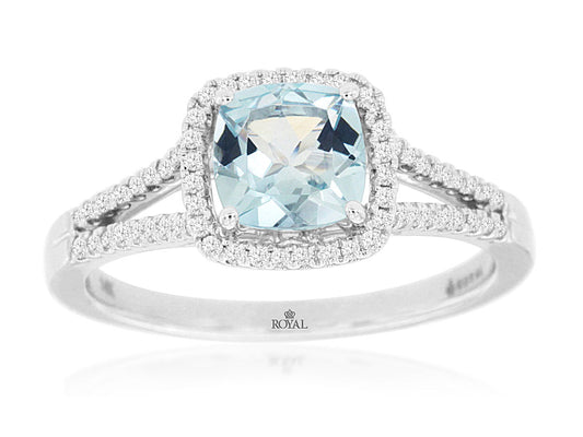 14K White Gold Halo Ring with 0.84ctw Cushion Cut Aquamarine & 0.20ctw Natural Diamonds