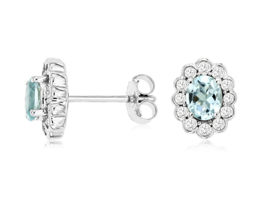 14K White Gold Stud Earrings with 0.60ctw Aquamarine & 0.33ctw Natural Diamonds
