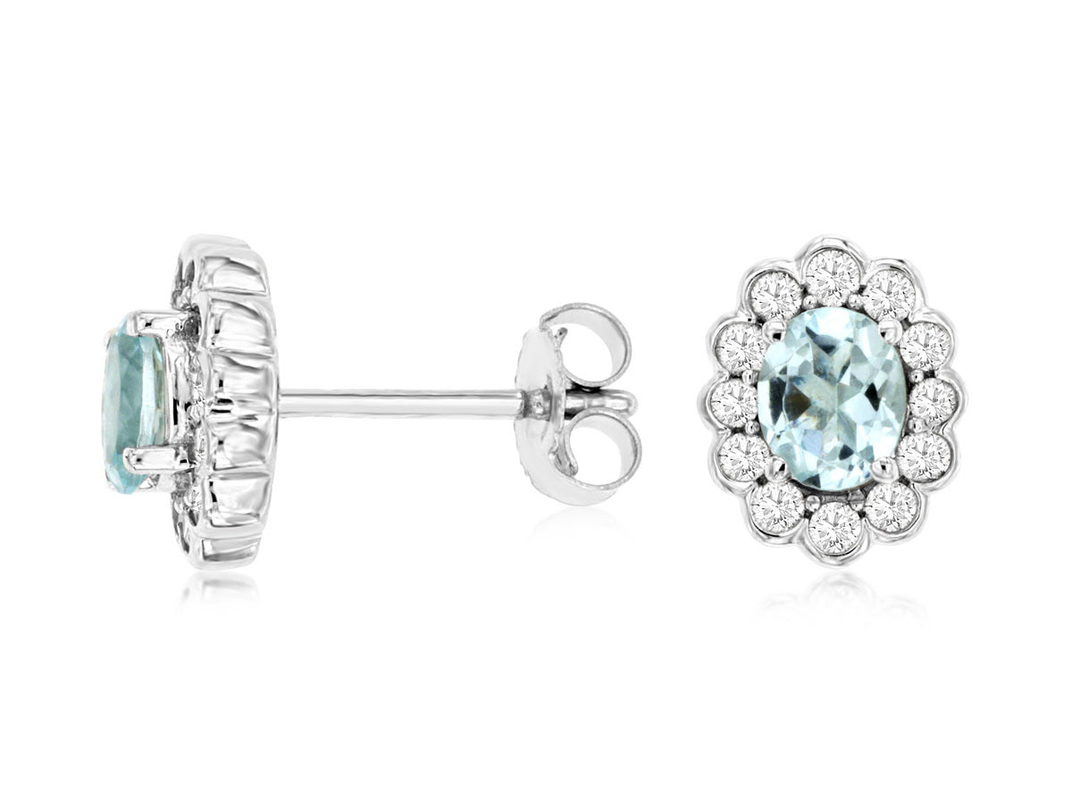 14K White Gold Stud Earrings with 0.60ctw Aquamarine & 0.33ctw Natural Diamonds