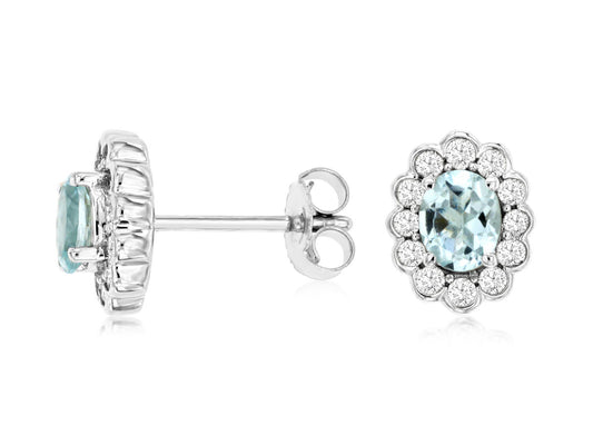 14K White Gold Stud Earrings with 0.60ctw Aquamarine & 0.33ctw Natural Diamonds