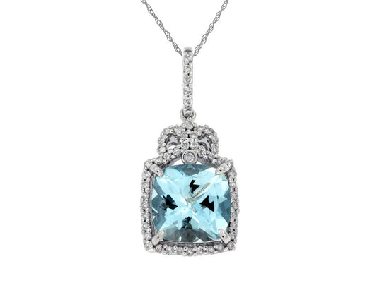 14K White Gold Necklace with 1.85ctw Cushion Cut Aquamarine & 0.20ctw Natural Diamonds