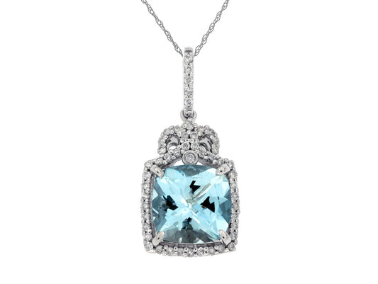 14K White Gold Necklace with 1.85ctw Cushion Cut Aquamarine & 0.20ctw Natural Diamonds