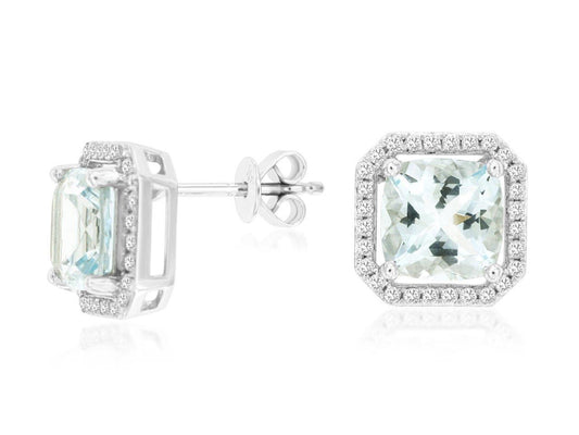 14K White Gold Halo Stud Earrings with 2.80ctw Aquamarine & 0.29ctw Natural Diamonds
