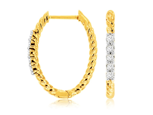 14K Yellow Gold Oblong Hoops Earrings with 0.20ctw Natural Diamonds