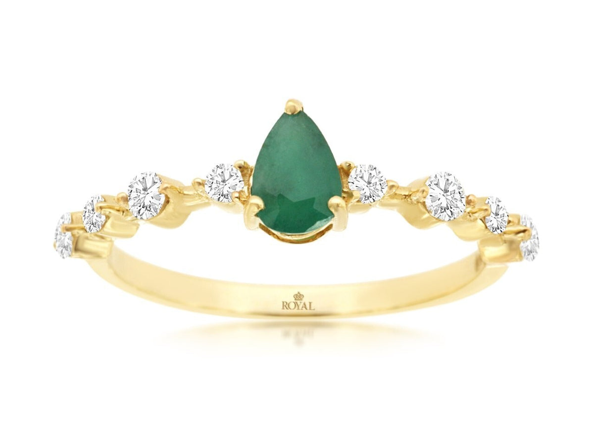 14K Yellow Gold Ring with 0.43ctw Pear Cut Emerald & 0.25ctw Natural Diamonds