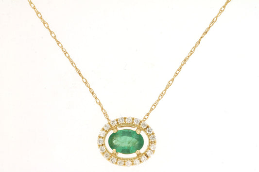 14K Yellow Gold Necklace with 0.44ctw Oval Emerald & 0.12ctw Natural Diamonds